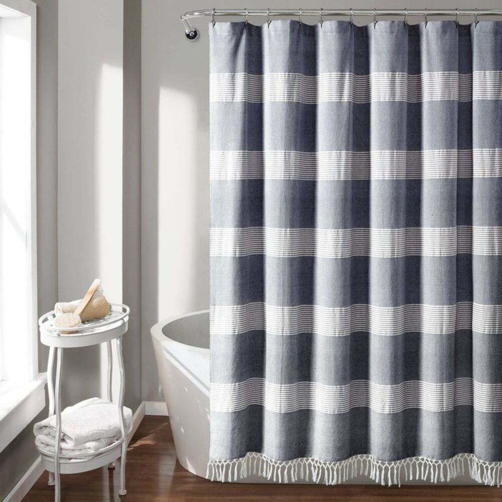 Tucker Stripe Yarn-Dyed Cotton Tassel Shower Curtain - Navy/White